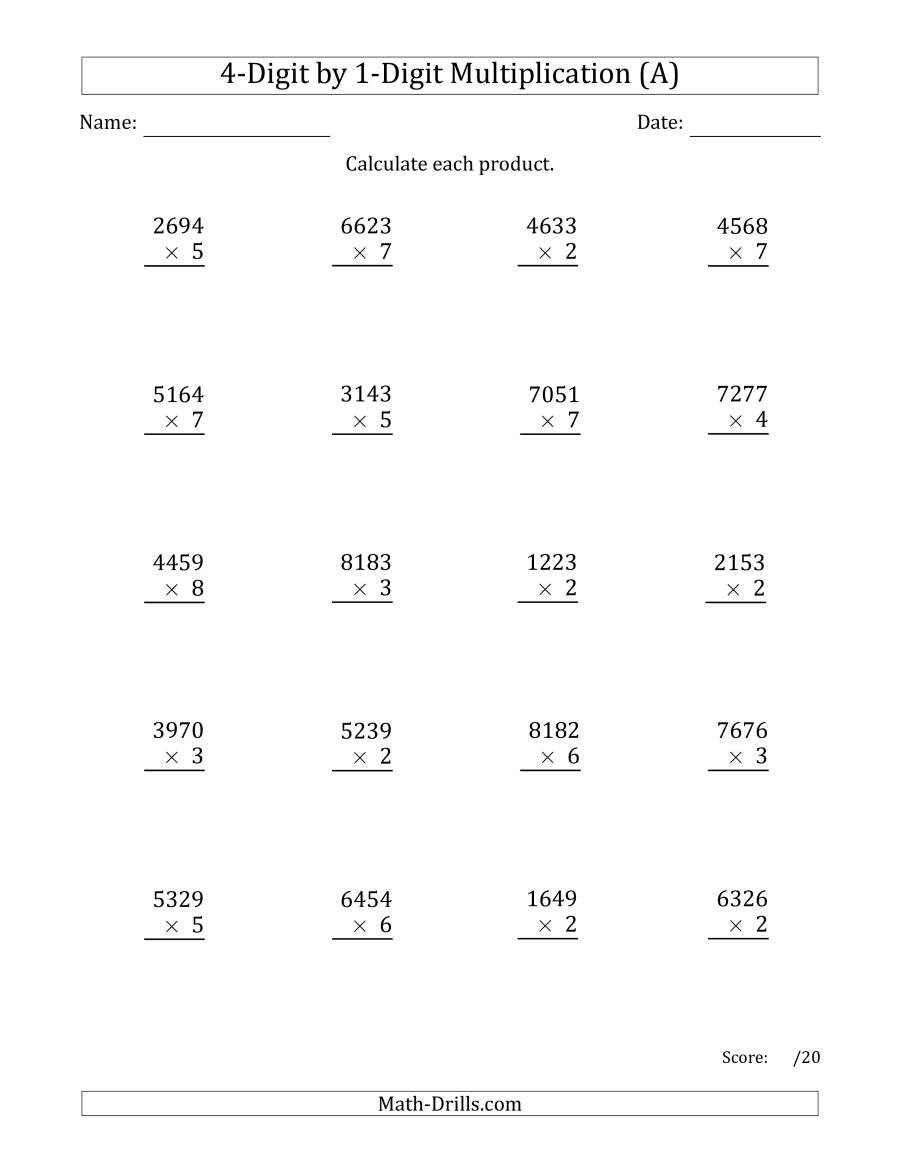 Multiplying 4-Digit1-Digit Numbers (A) with Multiplication Worksheets 4 Digit By 1 Digit