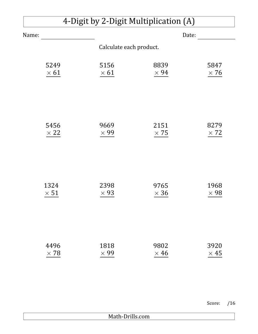 Multiplying 4-Digit2-Digit Numbers (A) pertaining to Printable Multiplication Worksheets 4&amp;#039;s