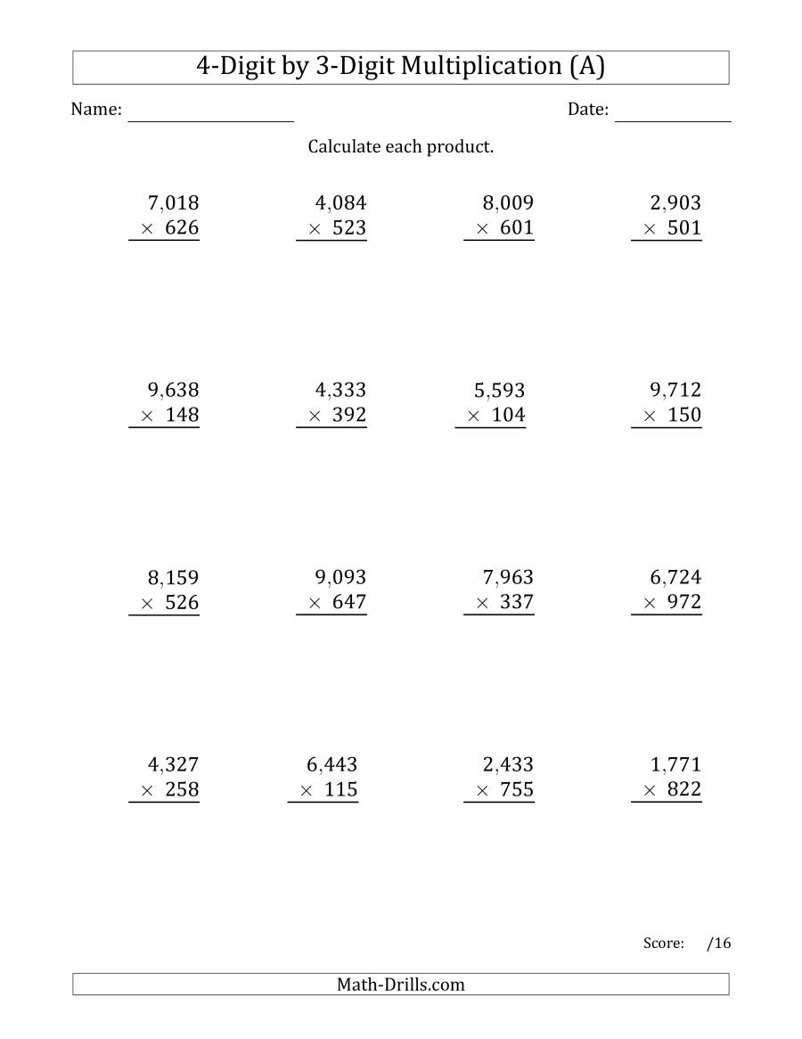 Multiplying 4-Digit3-Digit Numbers With Comma-Separated in Multiplication Worksheets 4 Digits