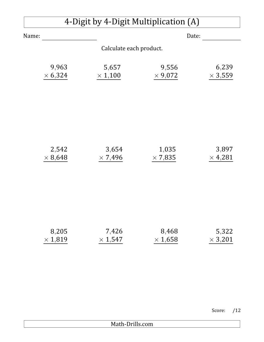 Multiplying 4-Digit4-Digit Numbers With Comma-Separated pertaining to 4 Multiplication Worksheets Pdf