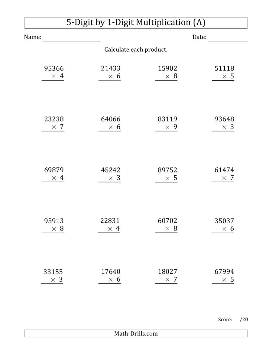 Multiplying 5-Digit1-Digit Numbers (A) with Multiplication Worksheets Numbers 1-5 Multiplying 5-Digit1-Digit Numbers (A) with Multiplication Worksheets Numbers 1-5