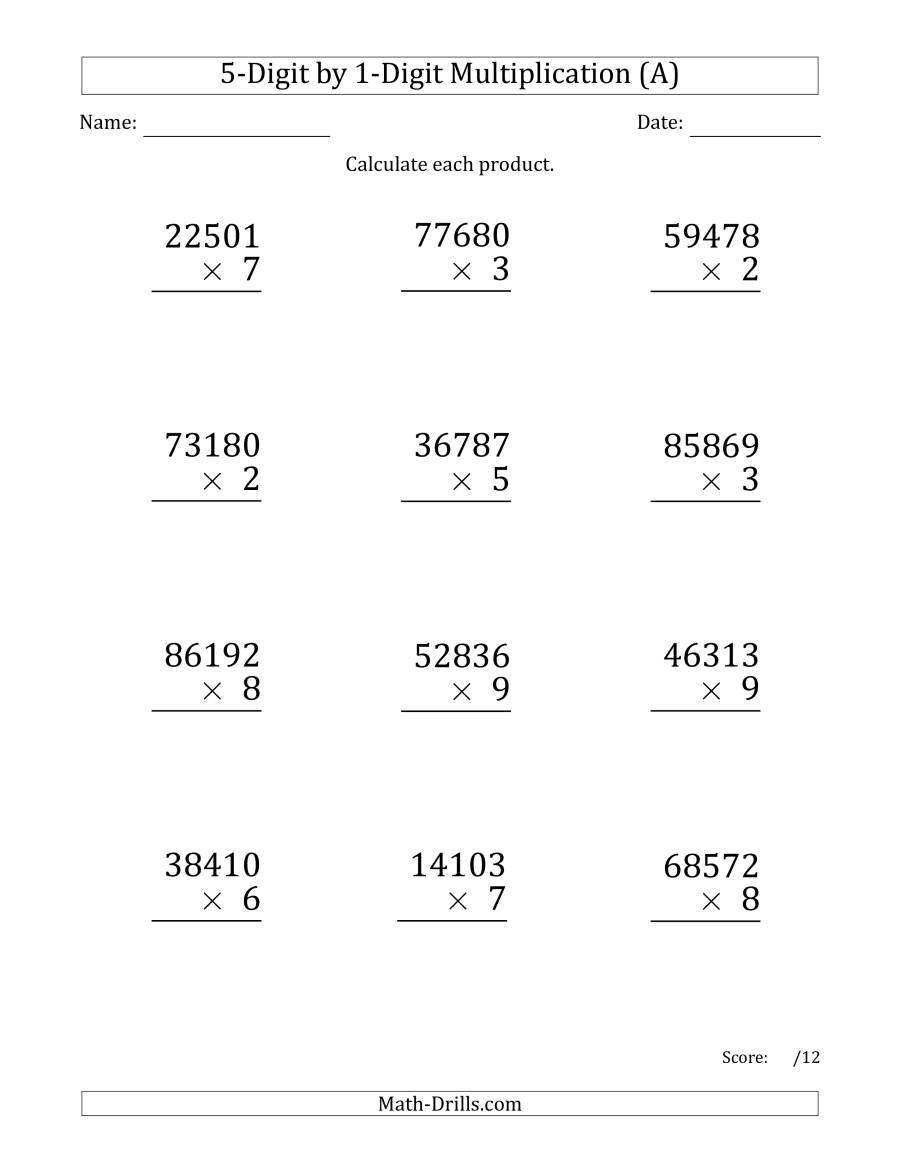 Multiplying 5-Digit1-Digit Numbers (Large Print) (A) pertaining to Multiplication Worksheets 5 Digits