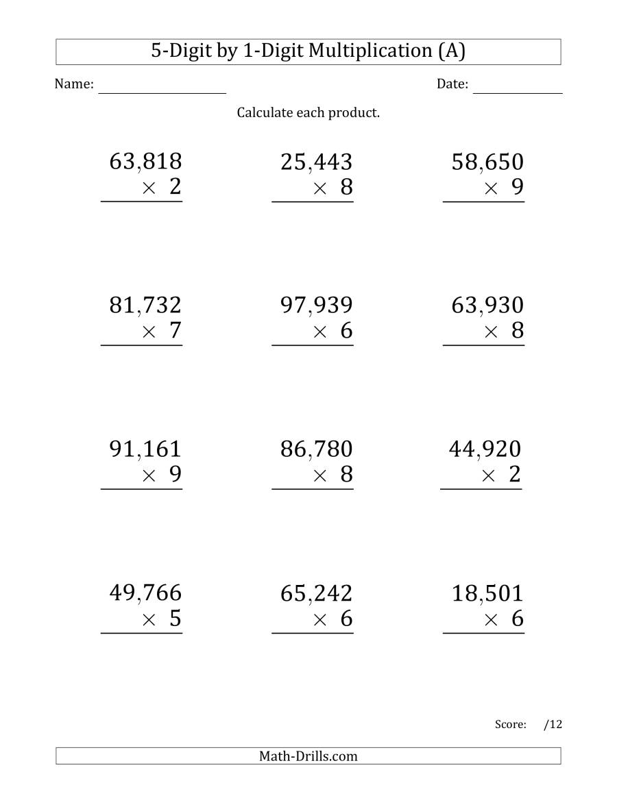 Multiplying 5-Digit1-Digit Numbers (Large Print) With with Multiplication Worksheets 5 Digits