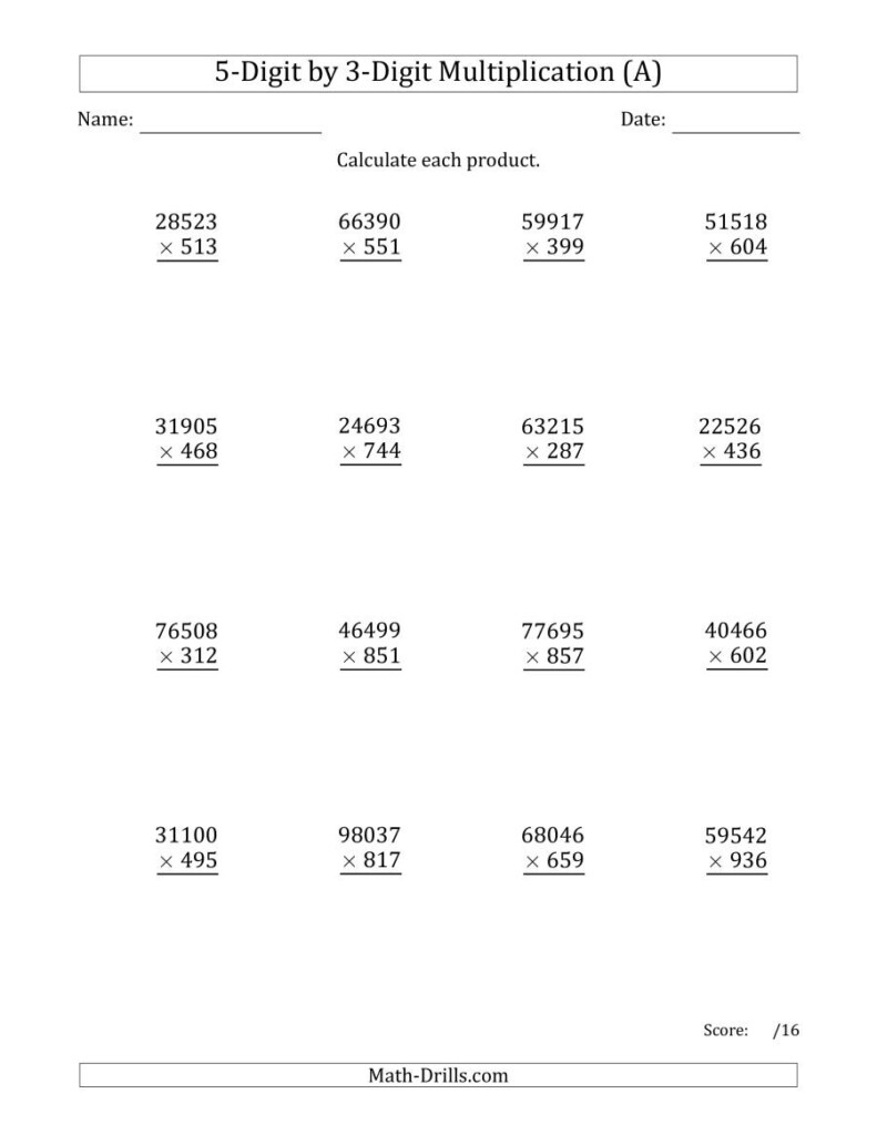 Multiplying 5-Digit3-Digit Numbers (A) throughout Multiplication Worksheets 5 Grade