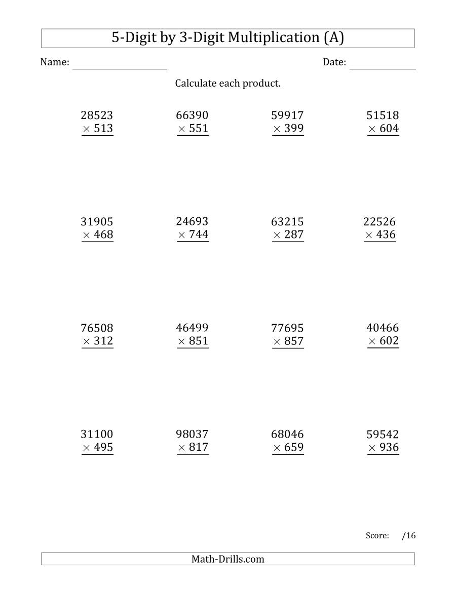 Multiplying 5-Digit3-Digit Numbers (A) throughout Multiplication Worksheets 5 Grade