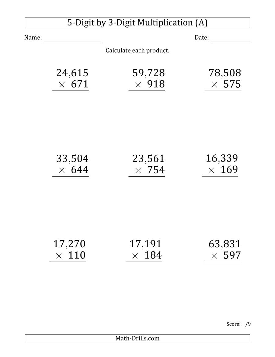 Multiplying 5-Digit3-Digit Numbers (Large Print) With within Multiplication Worksheets 3 Digit