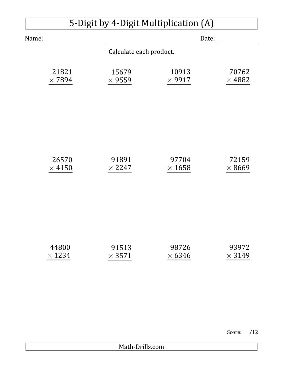 Multiplying 5-Digit4-Digit Numbers (A) regarding Worksheets In Multiplication For Grade 5