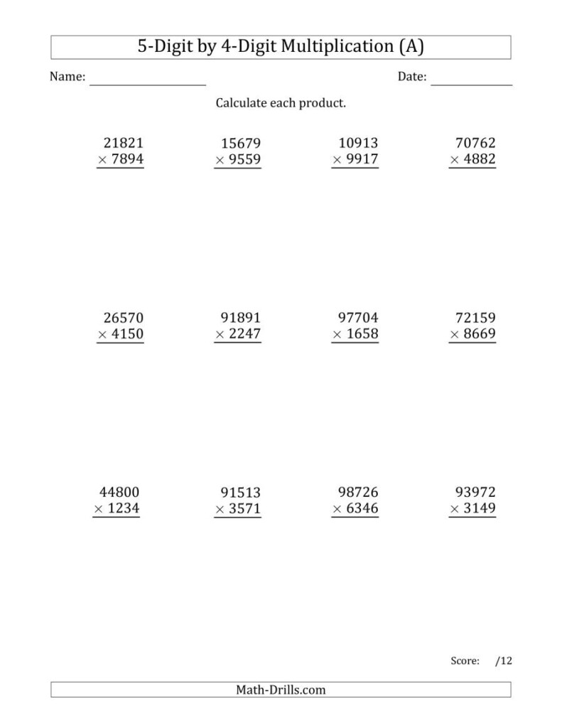 Multiplying 5 Digit4 Digit Numbers (A) With Regard To Printable Grade 4 Multiplication Worksheets