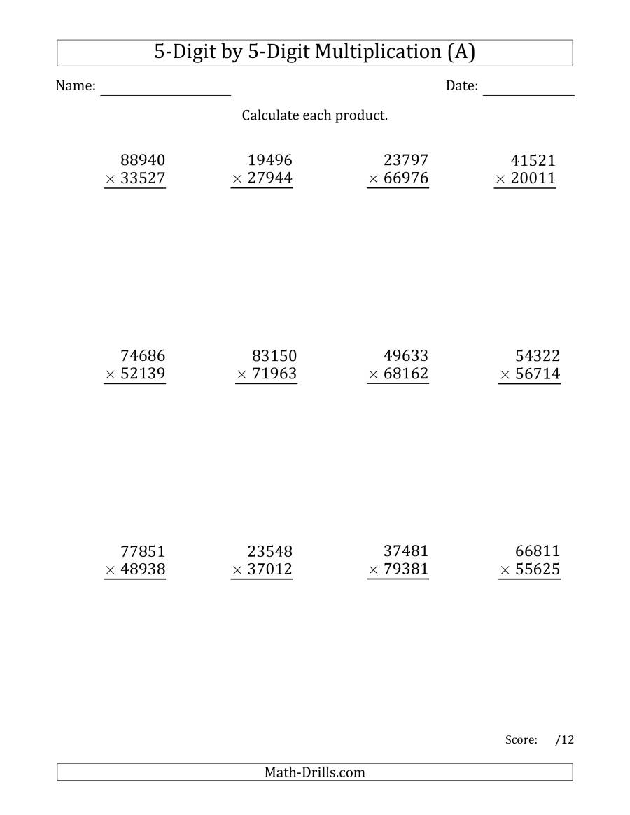 Multiplying 5-Digit5-Digit Numbers (A) within Worksheets Long Multiplication