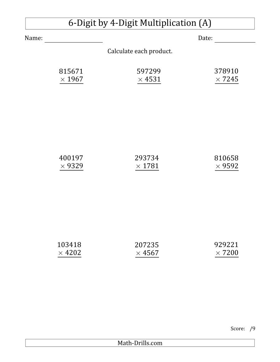 Multiplying 6-Digit4-Digit Numbers (A) inside Multiplication Worksheets Year 6