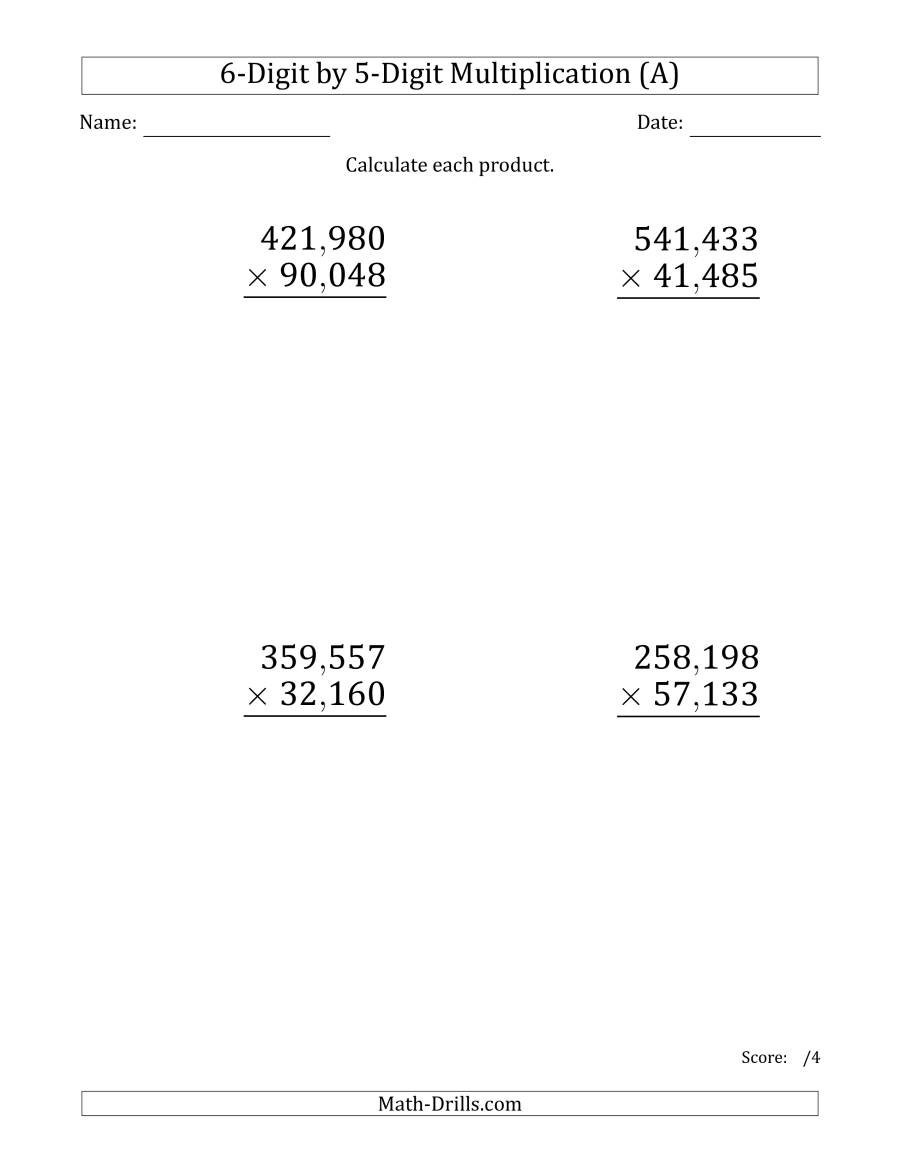 Multiplying 6-Digit5-Digit Numbers (Large Print) With for Multiplication Worksheets 5 Digits