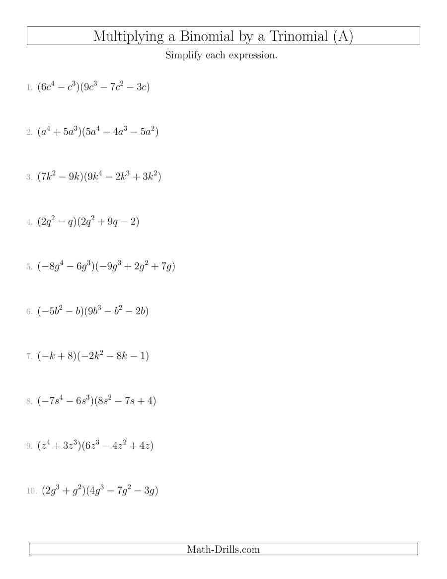 Multiplying A Binomiala Trinomial (A) inside Worksheets About Multiplication Of Polynomials