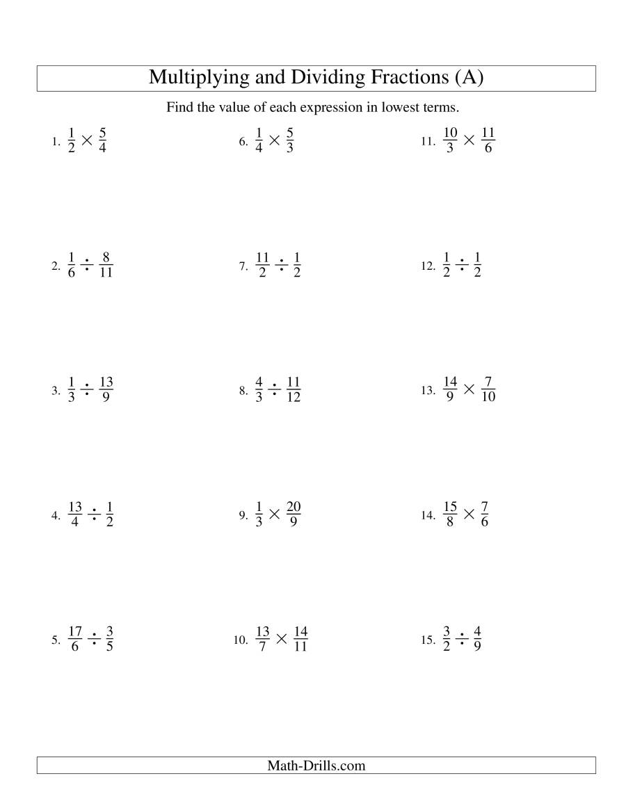 Multiplying And Dividing Fractions (A) for Multiplication Worksheets Advanced