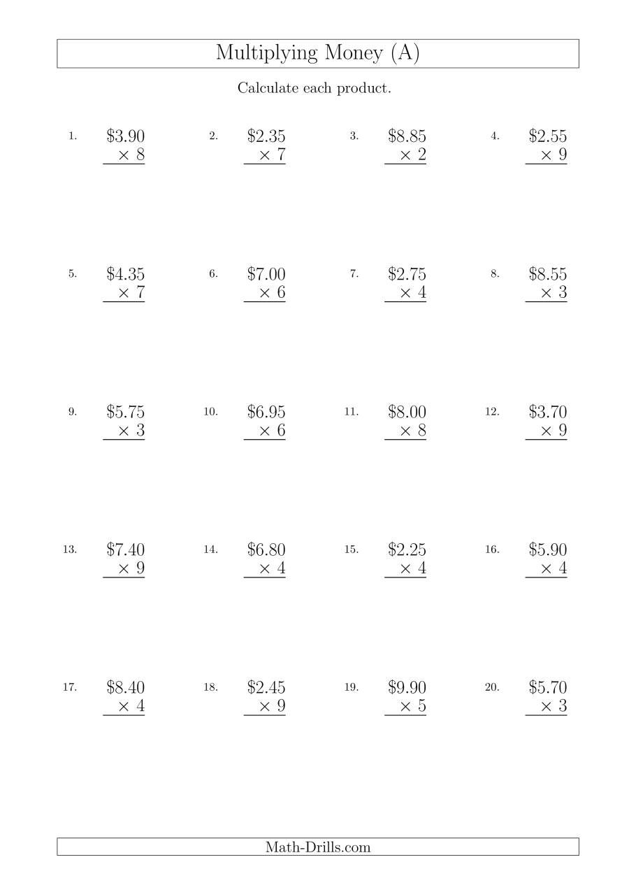 Multiplying Dollar Amounts In Increments Of 5 Centsone within Multiplication Worksheets Nz