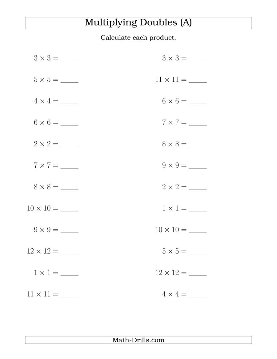 Multiplying Doubles Up To 1212 (A) with Multiplication Worksheets Up To 12X12