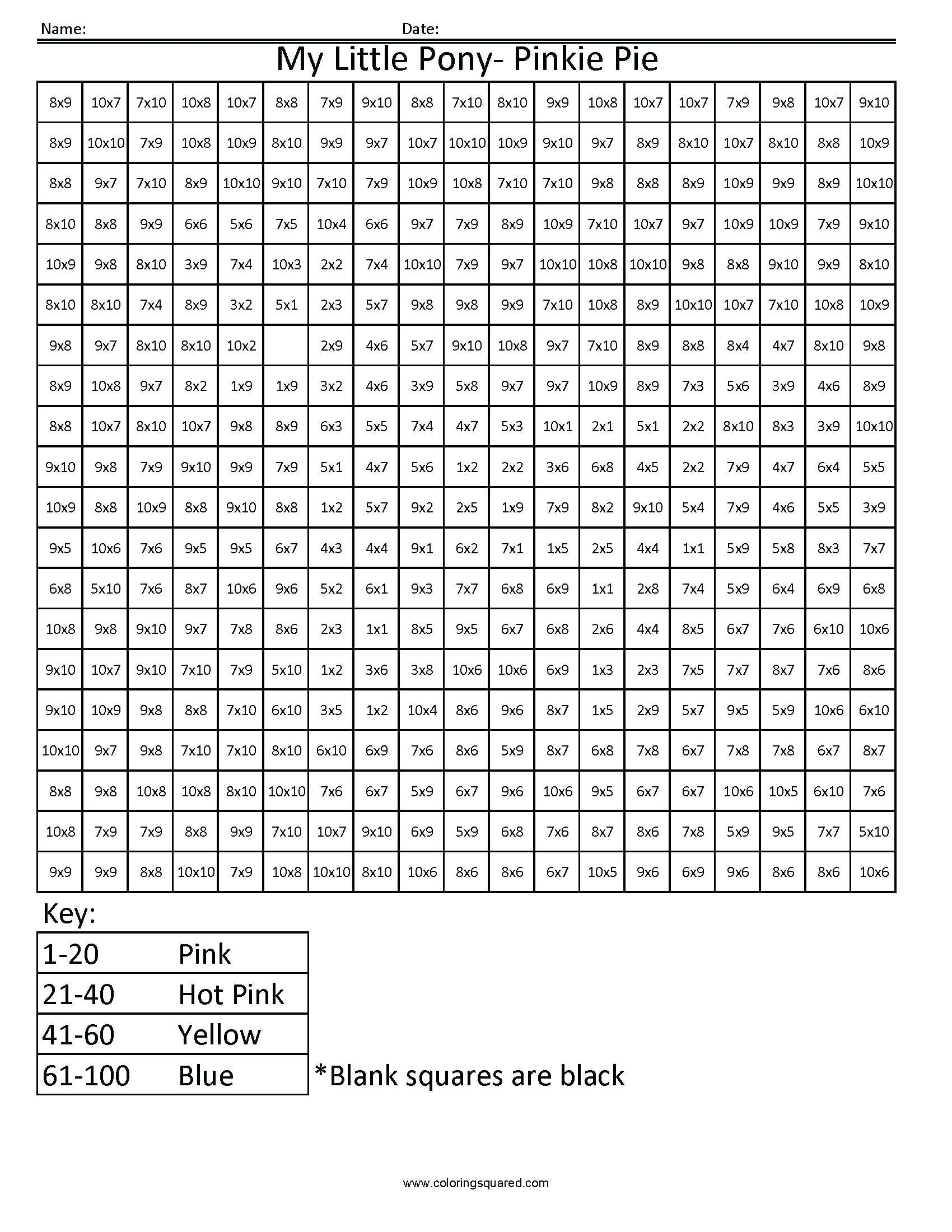 Multiplying Squares Math My Little Pony Advanced in Printable Multiplication Squares