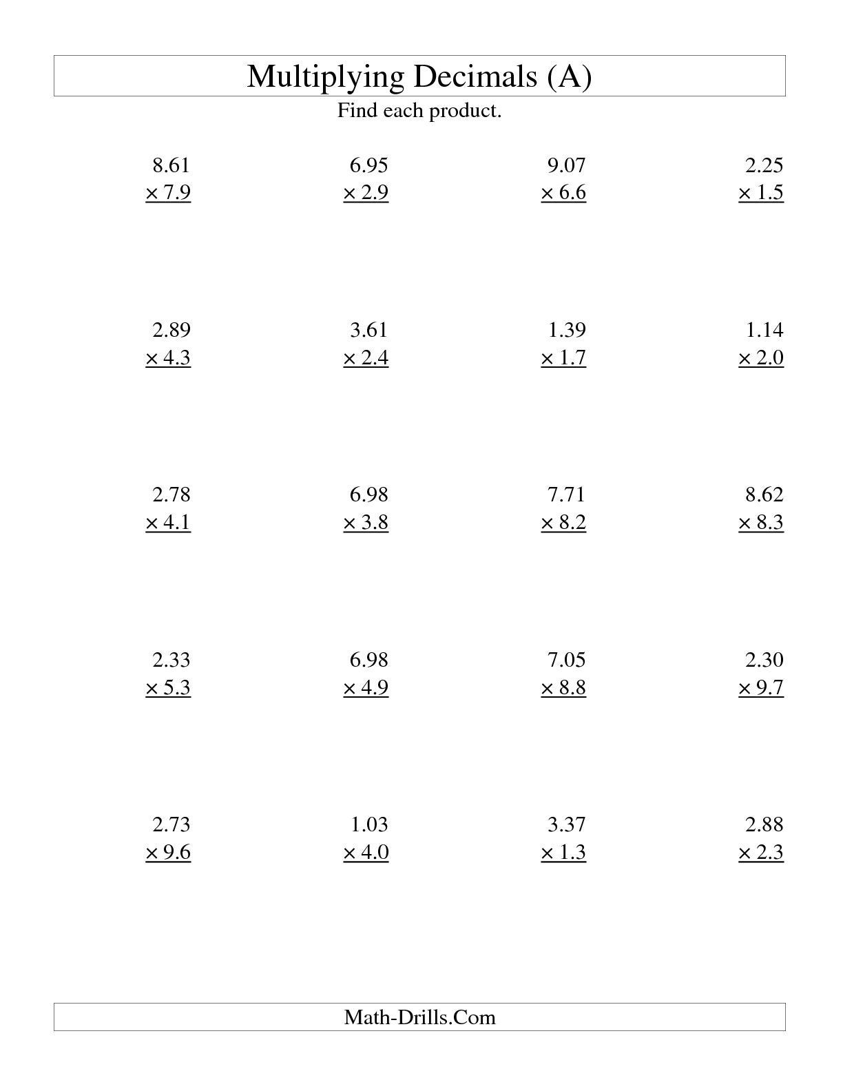 Short Multiplication With Decimals Worksheet