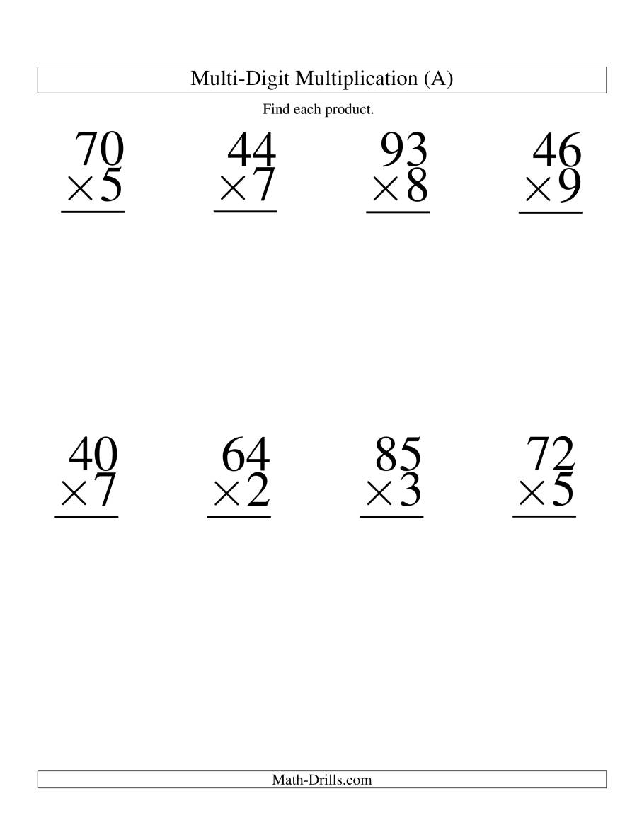 Multiplying Two-Digitone-Digit -- 8 Per Page (A) in Multiplication Worksheets One Digit
