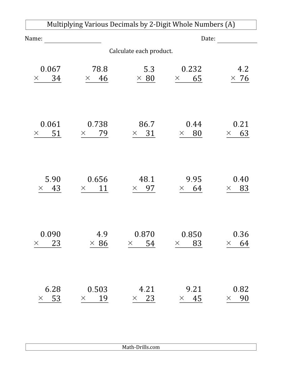 Multiplying Various Decimals2-Digit Whole Numbers (A) inside Multiplication Worksheets X11 Multiplying Various Decimals2-Digit Whole Numbers (A) inside Multiplication Worksheets X11