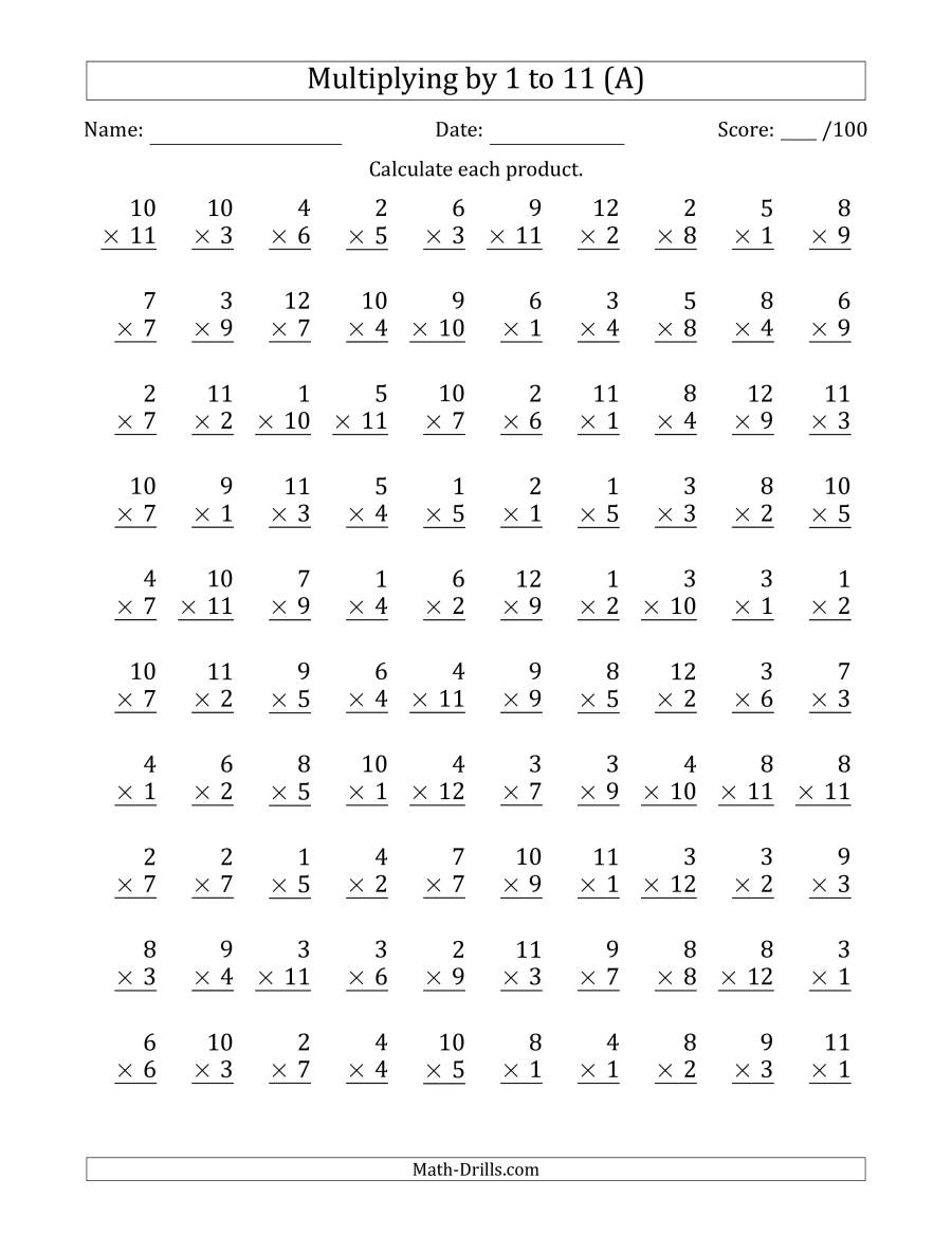 Multiplying1 To 11 With Factors 1 To 12 (100 Questions) (A) intended for Printable Multiplication By 11