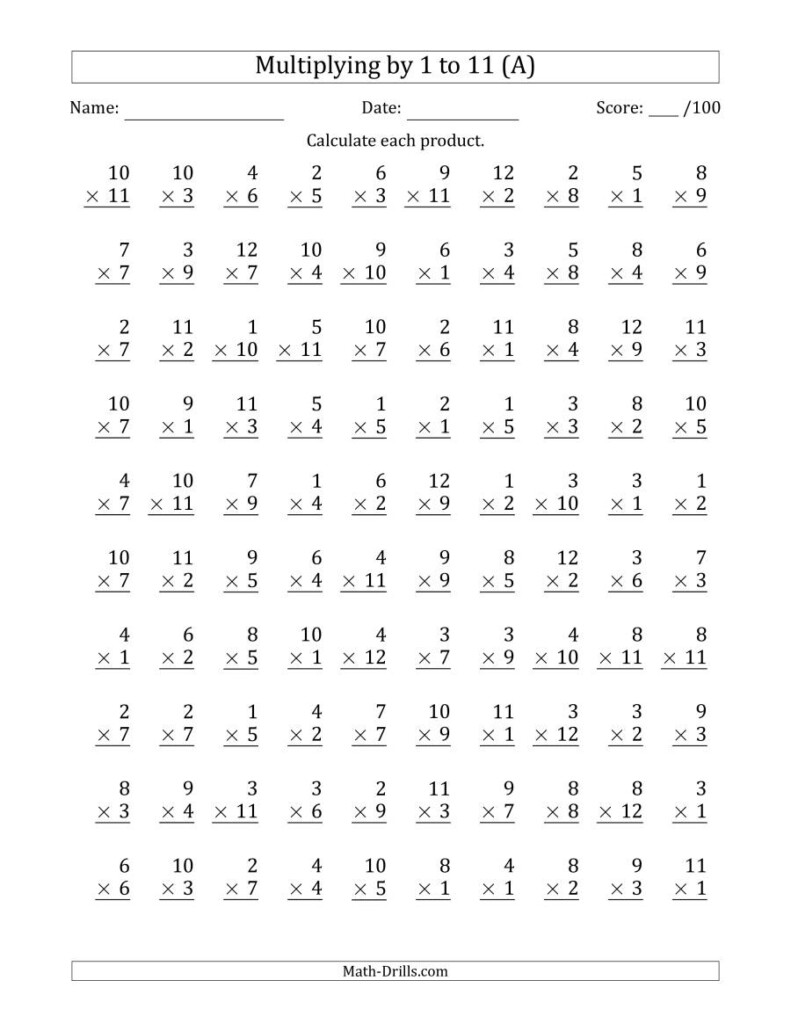 Multiplying1 To 11 With Factors 1 To 12 (100 Questions) (A) With Regard To Multiplication Worksheets How To