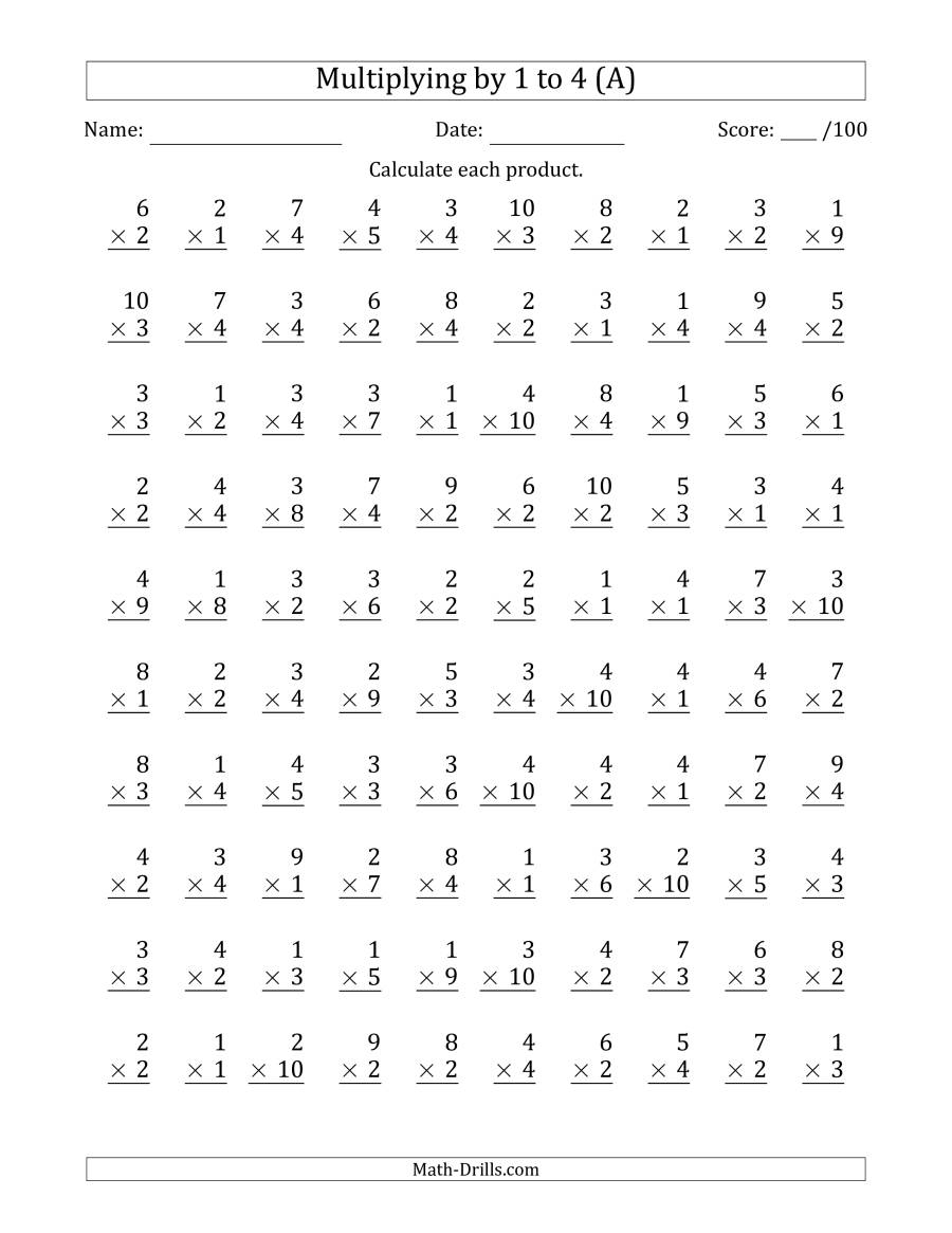 Multiplying1 To 4 With Factors 1 To 10 (100 Questions) (A) in Printable Multiplication Speed Drills