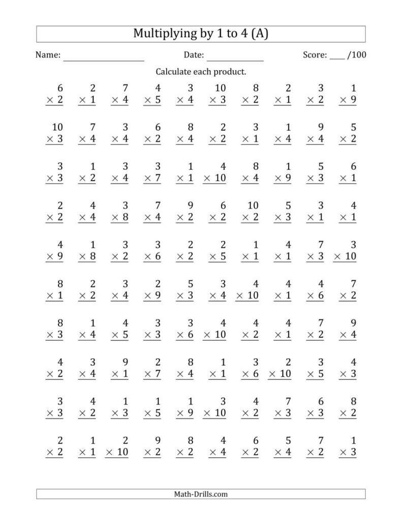 Multiplying1 To 4 With Factors 1 To 10 (100 Questions) (A) Pertaining To Printable Multiplication Practice Test