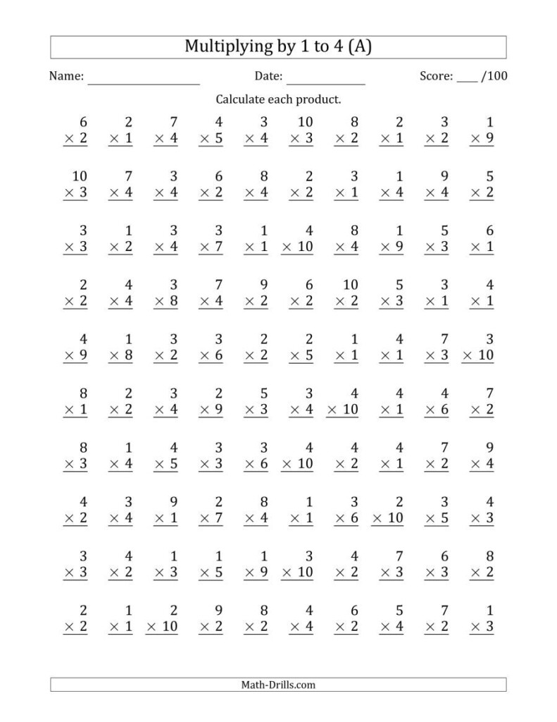 Multiplying1 To 4 With Factors 1 To 10 (100 Questions) (A) With Multiplication Homework Printable Multiplying1 To 4 With Factors 1 To 10 (100 Questions) (A) With Multiplication Homework Printable