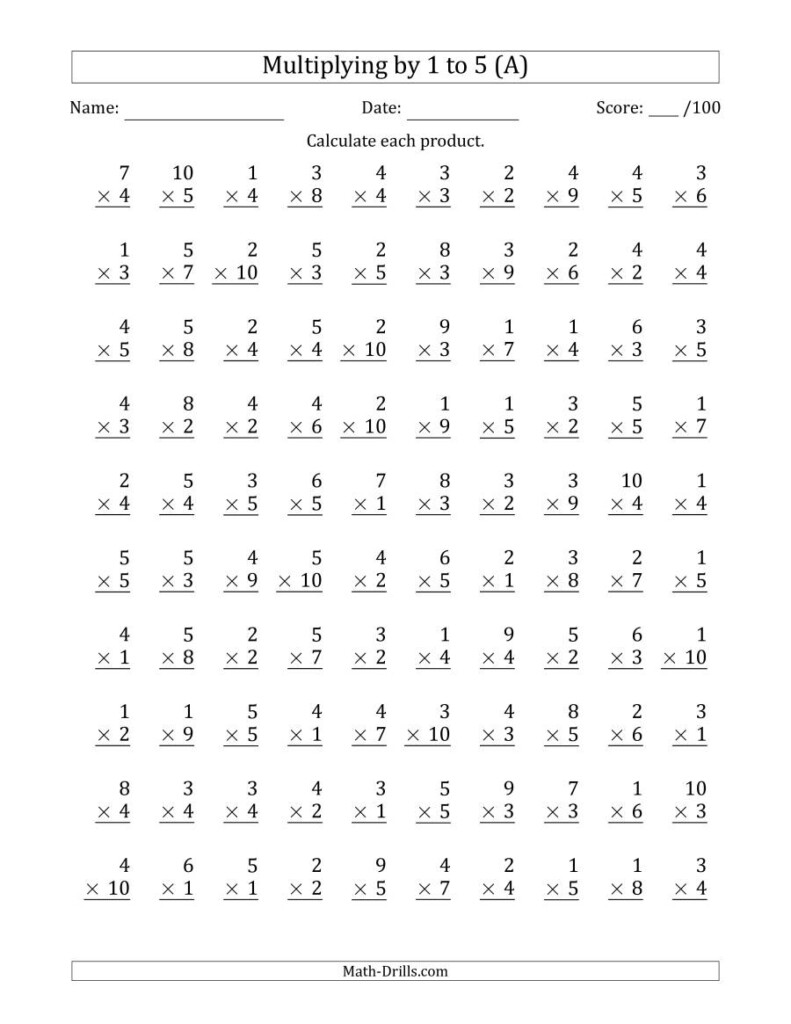 Multiplying1 To 5 With Factors 1 To 10 (100 Questions) (A) for Multiplication Worksheets X10
