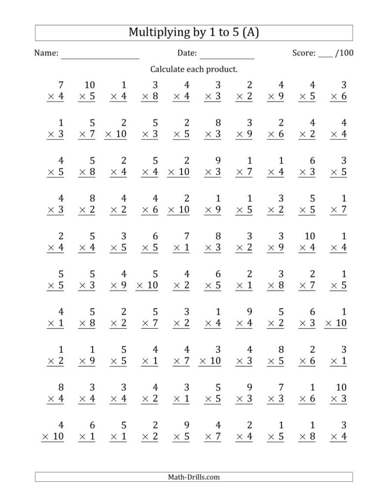 Multiplying1 To 5 With Factors 1 To 10 (100 Questions) (A) for Multiplication Worksheets X10