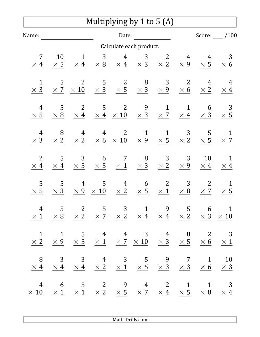 Multiplying1 To 5 With Factors 1 To 10 (100 Questions) (A) for Multiplication Worksheets X10