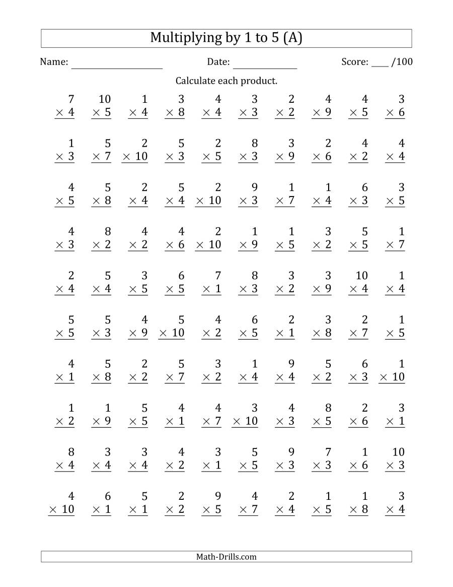 Multiplying1 To 5 With Factors 1 To 10 (100 Questions) (A) in Multiplication Worksheets 5S