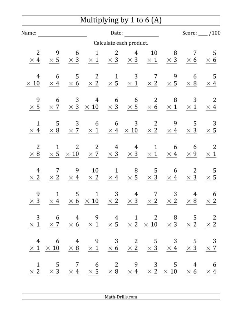 Multiplying1 To 6 With Factors 1 To 10 (100 Questions) (A) Pertaining To Multiplication Worksheets Numbers 1 6