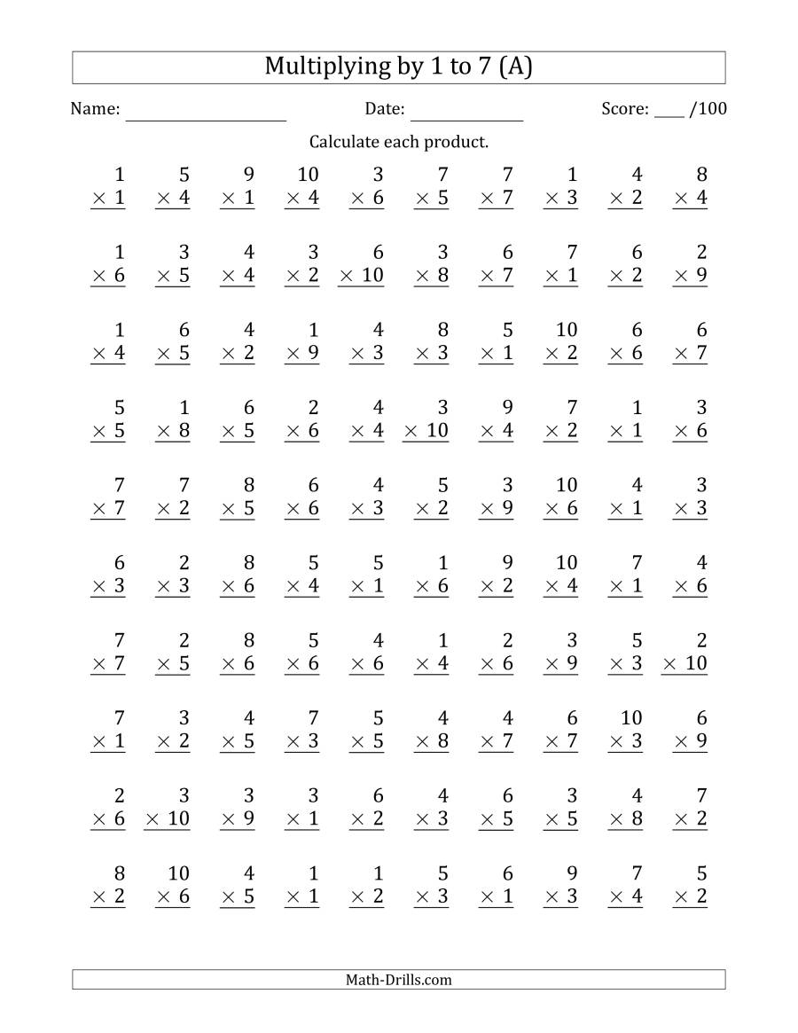 Multiplying1 To 7 With Factors 1 To 10 (100 Questions) (A) pertaining to 1&amp;#039;s Multiplication Worksheets