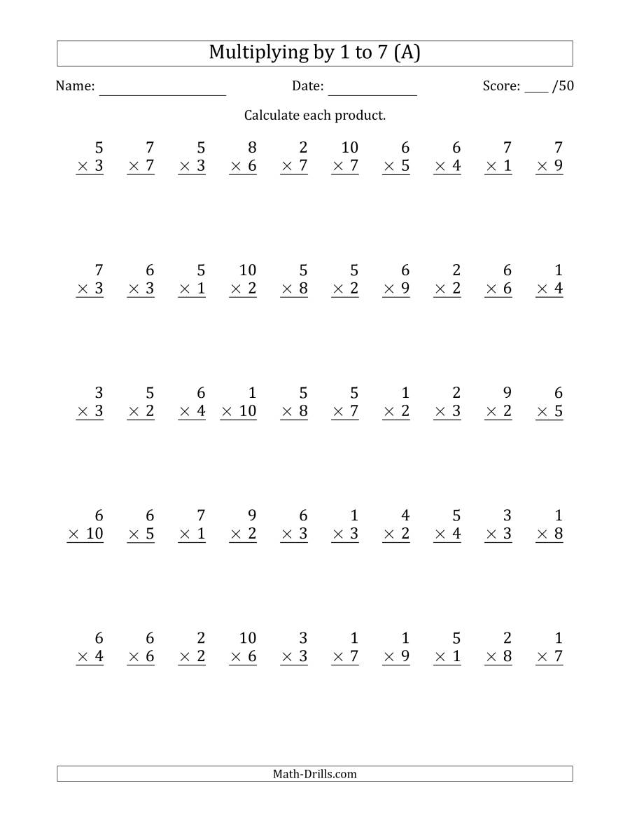 Multiplying1 To 7 With Factors 1 To 10 (50 Questions) (A) with regard to Multiplication Worksheets X3 Multiplying1 To 7 With Factors 1 To 10 (50 Questions) (A) with regard to Multiplication Worksheets X3
