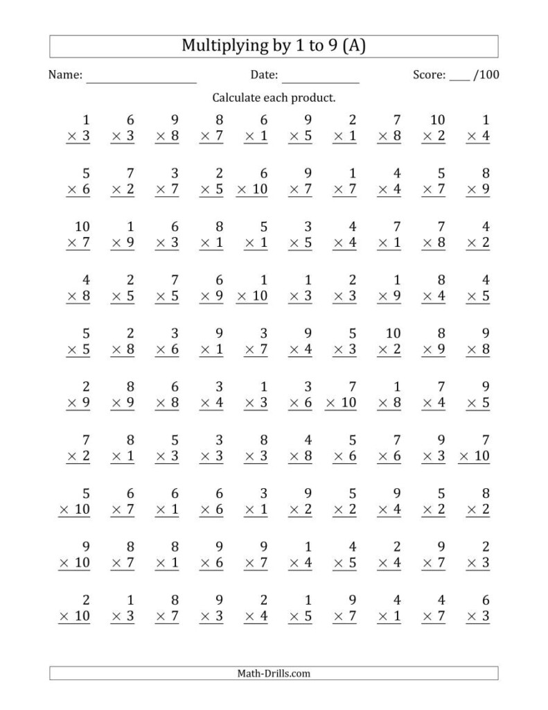 Multiplying1 To 9 With Factors 1 To 10 (100 Questions) (A) Regarding Free Printable 9 Multiplication Worksheets