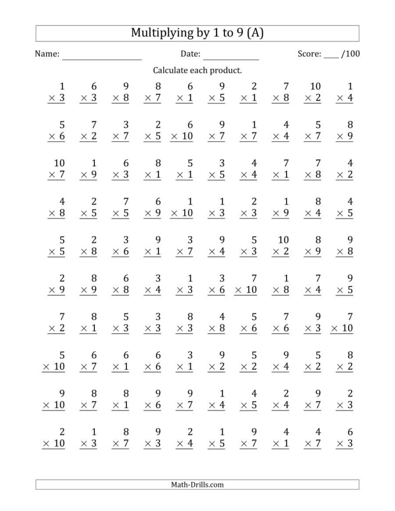 Multiplying1 To 9 With Factors 1 To 10 (100 Questions) (A) within Printable 100 Multiplication Facts