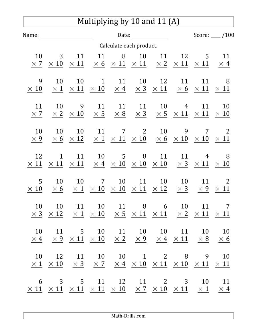 Multiplying10 And 11 With Factors 1 To 12 (100 Questions in Printable Multiplication Drills 1 12