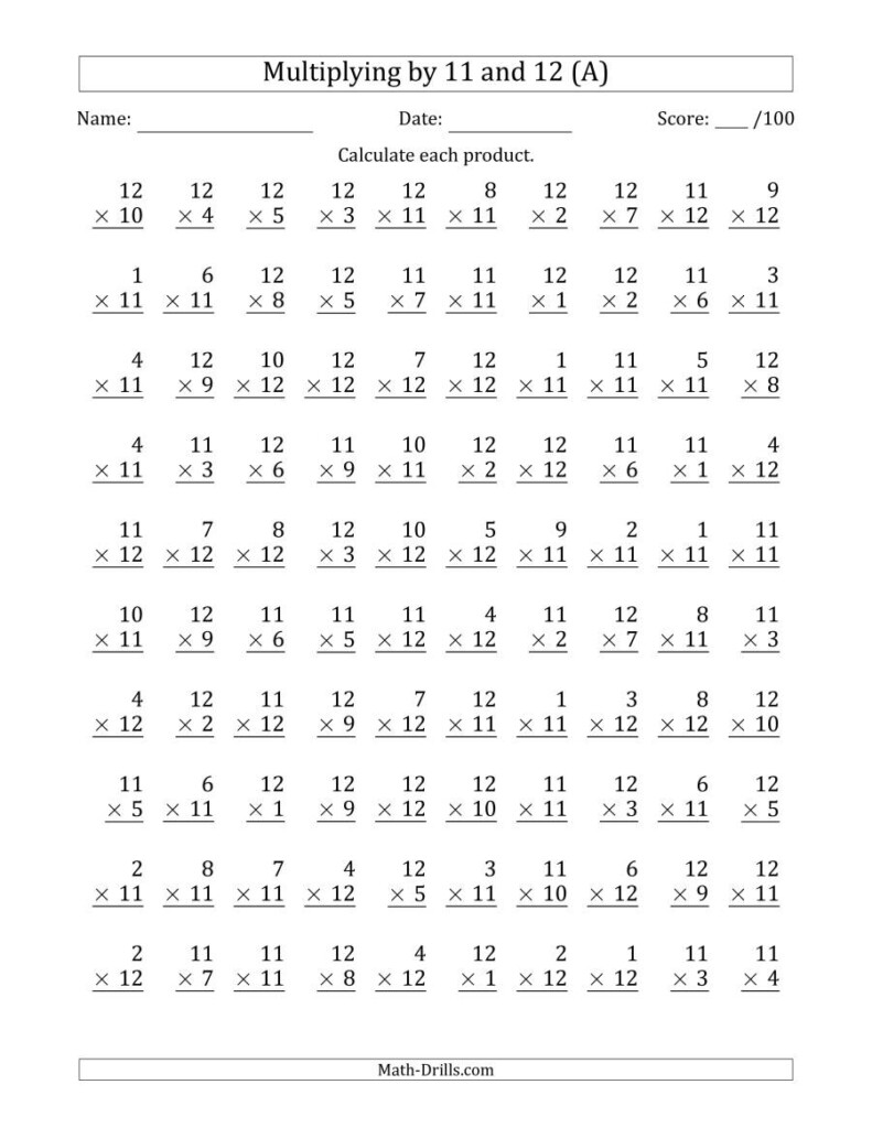 Multiplying11 And 12 With Factors 1 To 12 (100 Questions Within Printable Multiplication 1 12