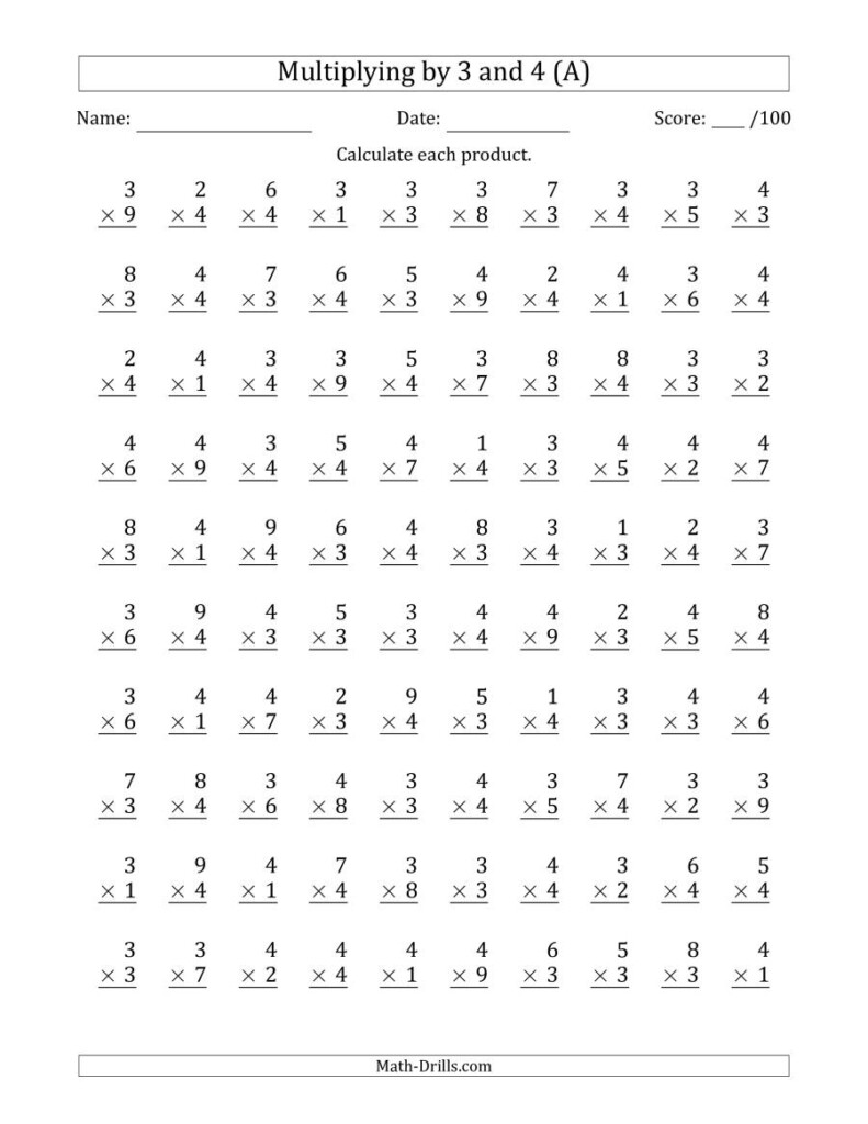 Multiplying3 And 4 With Factors 1 To 9 (100 Questions) (A) Pertaining To Multiplication Worksheets Number 4 Multiplying3 And 4 With Factors 1 To 9 (100 Questions) (A) Pertaining To Multiplication Worksheets Number 4