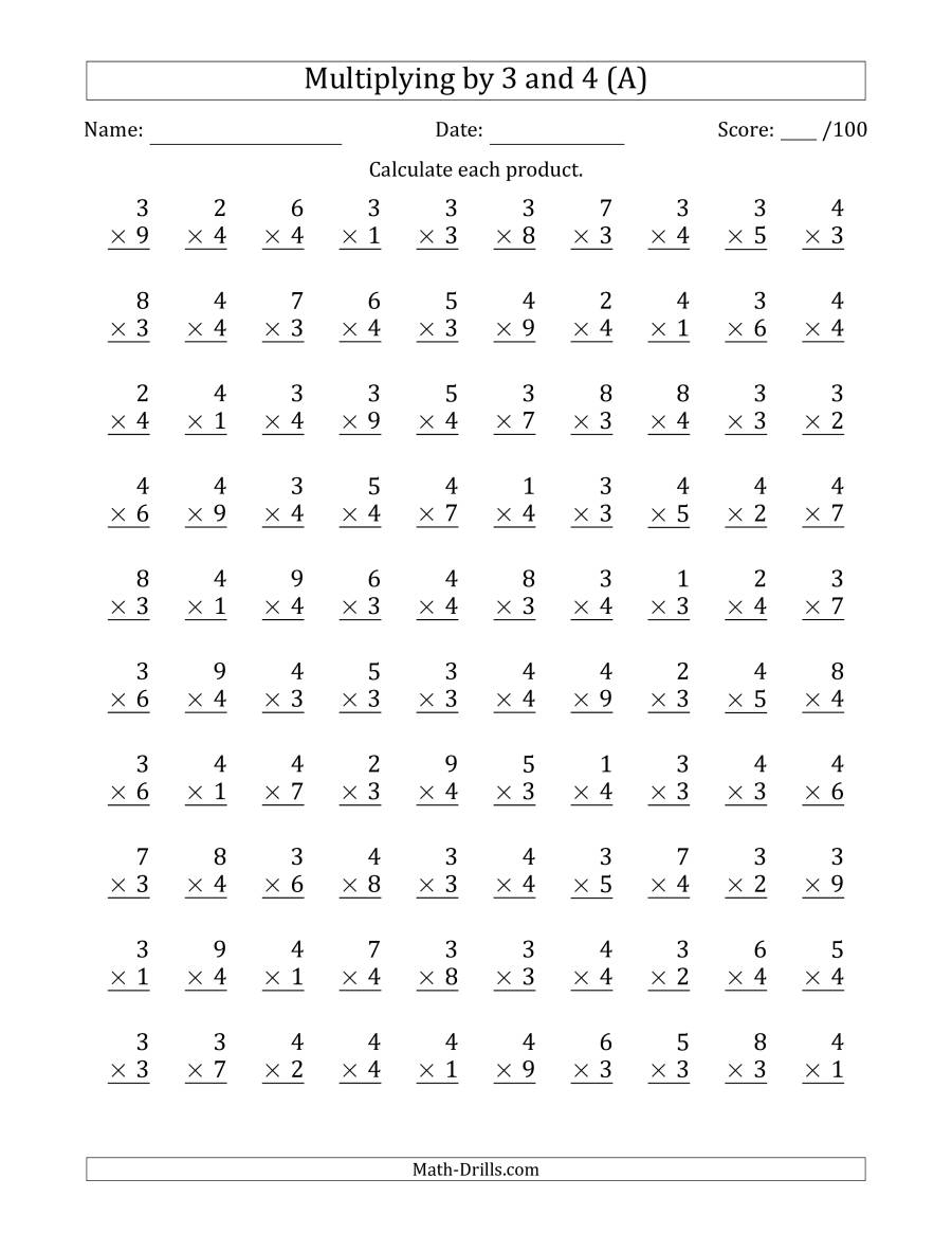 Multiplying3 And 4 With Factors 1 To 9 (100 Questions) (A) pertaining to Multiplication Worksheets Number 4