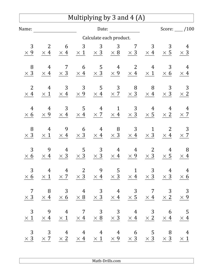 Multiplying3 And 4 With Factors 1 To 9 (100 Questions) (A) pertaining to Multiplication Worksheets Number 4 Multiplying3 And 4 With Factors 1 To 9 (100 Questions) (A) pertaining to Multiplication Worksheets Number 4