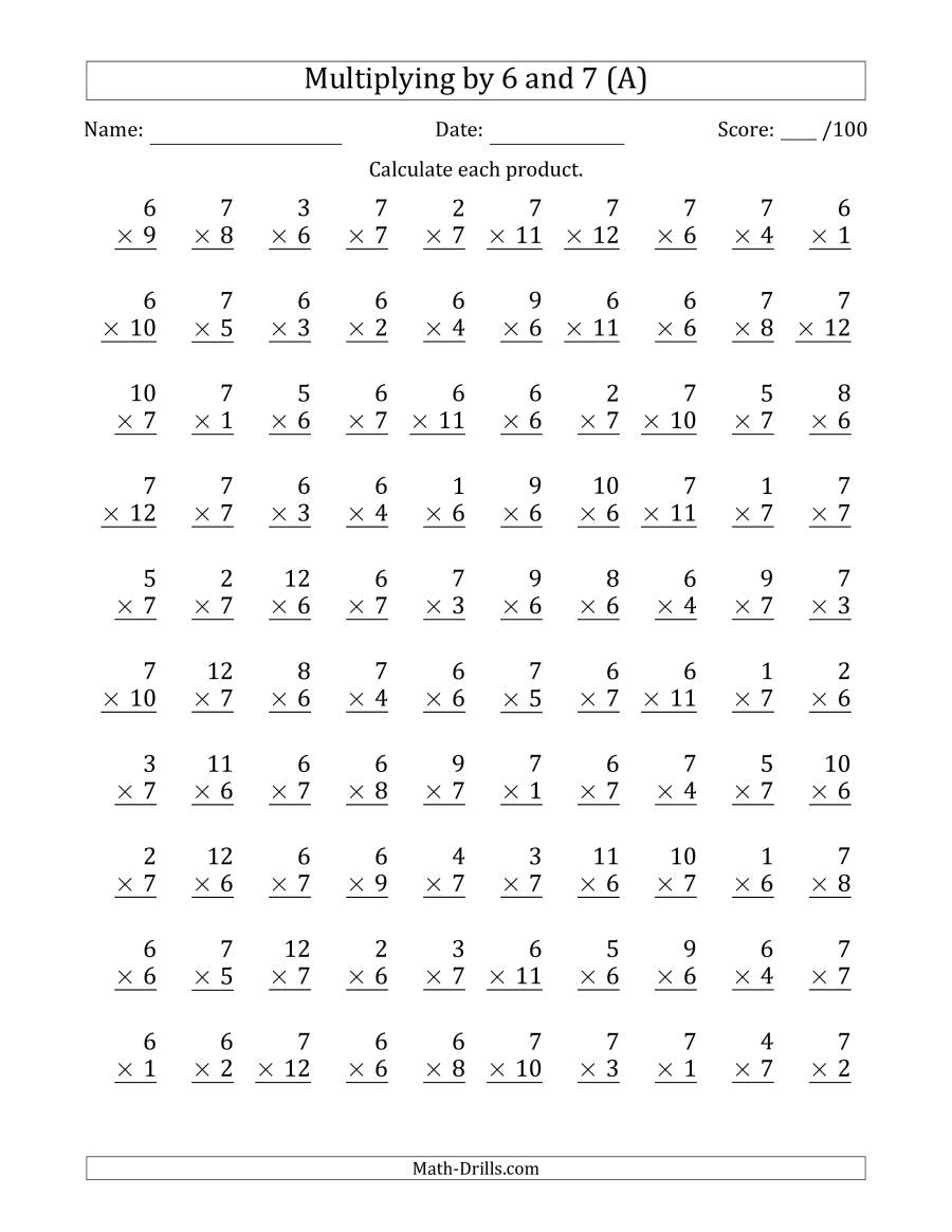 Multiplying6 And 7 With Factors 1 To 12 (100 Questions) (A) for Multiplication Worksheets Number 6