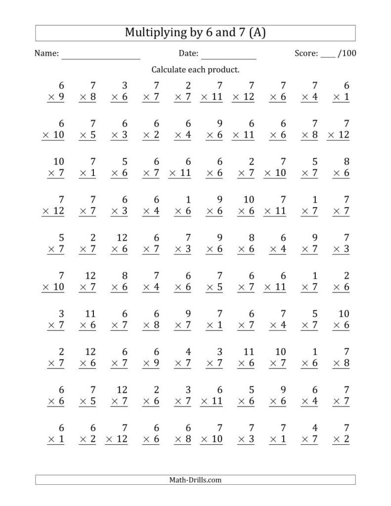 Multiplying6 And 7 With Factors 1 To 12 (100 Questions) (A) Pertaining To Printable 7 Multiplication Test Multiplying6 And 7 With Factors 1 To 12 (100 Questions) (A) Pertaining To Printable 7 Multiplication Test