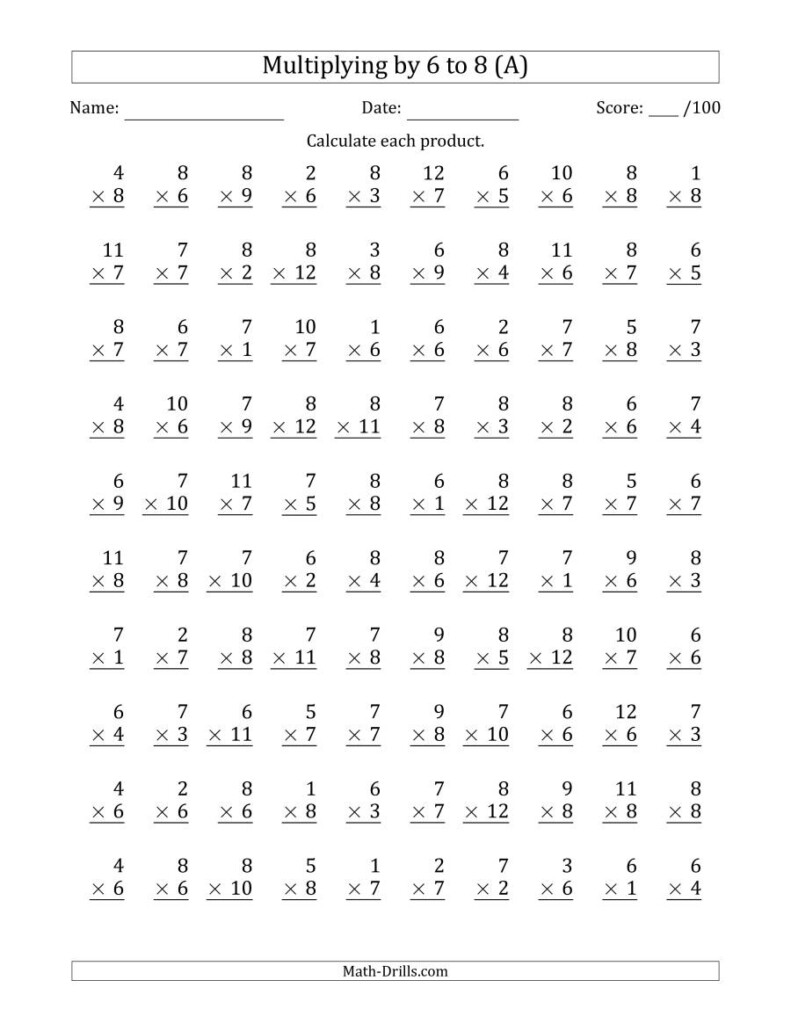 Multiplying6 To 8 With Factors 1 To 12 (100 Questions) (A) for Multiplication Worksheets Numbers 1-12