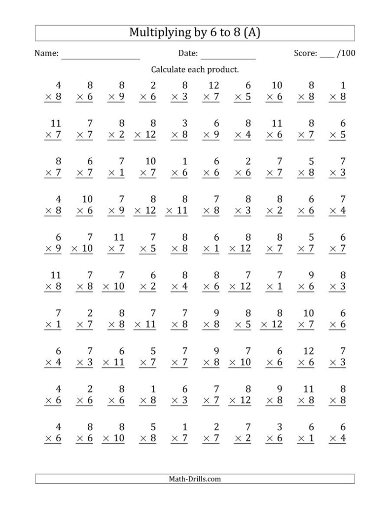 Multiplying6 To 8 With Factors 1 To 12 (100 Questions) (A) Inside 7&#039;s Multiplication Worksheets