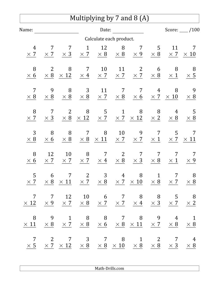 Multiplying7 And 8 With Factors 1 To 12 (100 Questions) (A) pertaining to Multiplication Worksheets 7S And 8S