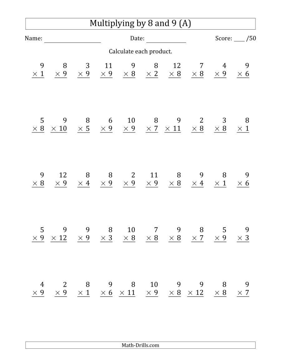 Multiplying8 And 9 With Factors 1 To 12 (50 Questions) (A) inside Multiplication Worksheets 9-12