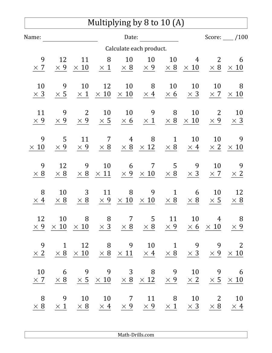 Multiplying8 To 10 With Factors 1 To 12 (100 Questions) (A) inside 8's Multiplication Worksheets