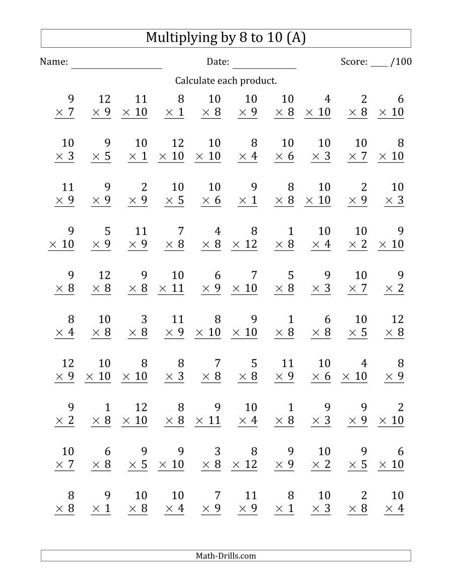Multiplying8 To 10 With Factors 1 To 12 (100 Questions) (A) with Multiplication Worksheets 9-12